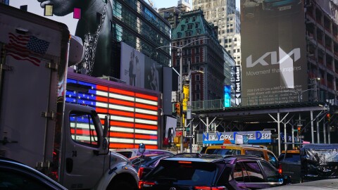 A line of cars and trucks jam the roadway near Times Square. Under the MTA's proposed congestion pricing plan, drivers in cars will be charged $15 to enter lower Manhattan (south of 60th Street) from 5 a.m. to 9 p.m. on weekdays, and 9 a.m. to 9 p.m. on weekends. 