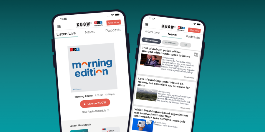 Image of iPhone with the KUOW app open in front of a blue background. The app screen features Morning Edition.