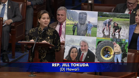Hawaii Rep. Jill Tokuda speaks about her friendship with Doug LaMalfa on the floor of the House of Representatives on Thursday, Jan. 8, 2026, in Washington, D.C.