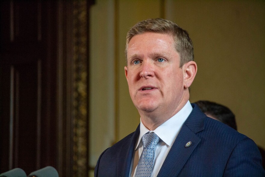 Illinois State Police Director Brendan Kelly is pictured in the governor’s office in Springfield in 2022. 