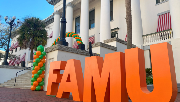 A Florida A&M sign sit in the courtyard of the Florida Capitol for the annual 'FAMU Day at the Capitol.' It’s part pep-rally, part advocacy, and an opportunity to get face time with key decision makers., Tallahassee, FL, Wed. Feb 21, 2023 (Adrian Andrews/WFSU)