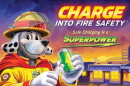 Cartoon image of Sparky, the National Fire Prevention Association's mascot, holding a cell phone charger and a battery - a campaign image for "Charge into Fire Safety - Safe Charging is a Superpower."