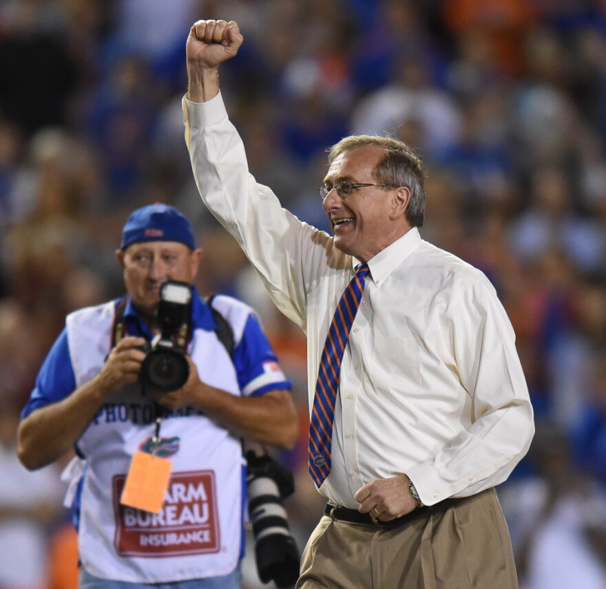 University of Florida President Dr. Kent Fuchs was the honorary Mr. 2 Bits for the rivalry matchup between the Gators and the FSU Seminoles. (Greenberry Taylor/ WUFT News)