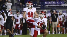 FILE - Miami (Ohio) place kicker Graham Nicholson watches after kicking the game-winning field goal as Alec Bevelhimer holds the ball against Northwestern during the second half of an NCAA college football game, Sept. 24, 2022, in Evanston, Ill. Former All-American Nicholson, who won the award as the nation's top placekicker last season, announced on social media Sunday, April 21, 2024, his plans to transfer to Alabama. (AP Photo/Matt Marton, File)