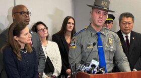 Col. Daniel Loughman, commanding officer of the Connecticut State Police, speaks at a press conference at the Connecticut Forensic Science Laboratory on Monday, Dec. 22, 2025. Behind him, from left, are Lt. Gov. Susan Bysiewicz; Ronnell Higgins, commissioner of the Connecticut Department of Emergency Services and Public Protection; state Rep. Kathy Kennedy (R-Milford); Dr. Jessica Gleba, director of forensic laboratory operations at the Connecticut Division of Scientific Services; Lt. Bryan Gustis of the Hartford Police Department's Traffic Division; and state Sen. Tony Hwang (R-Fairfield).