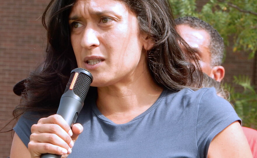 Democrat Amanda Janoo speaks at a union rally in September 2026