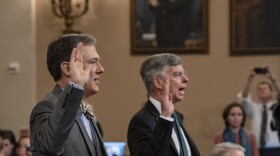 Career Foreign Service officer George Kent, left, and top U.S. diplomat in Ukraine William Taylor, right, are sworn in to testify before the House Intelligence Committee in Washington during the first public impeachment hearing. (J. Scott Applewhite/AP)