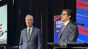 Gov. Ned Lamont and Republican gubernatorial candidate Ryan Fazio at a debate at Mohegan Sun on Tuesday, Oct. 27, 2026.