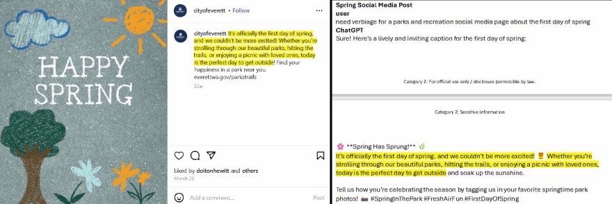 An Instagram post from the City of Everett, left, and the ChatGPT Log, right, with the text written by ChatGPT.