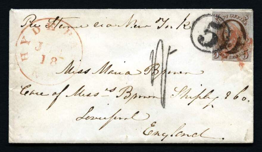 A 5 cent Benjamin Franklin stamp on a letter. (Courtesy of the Smithsonian Institution)