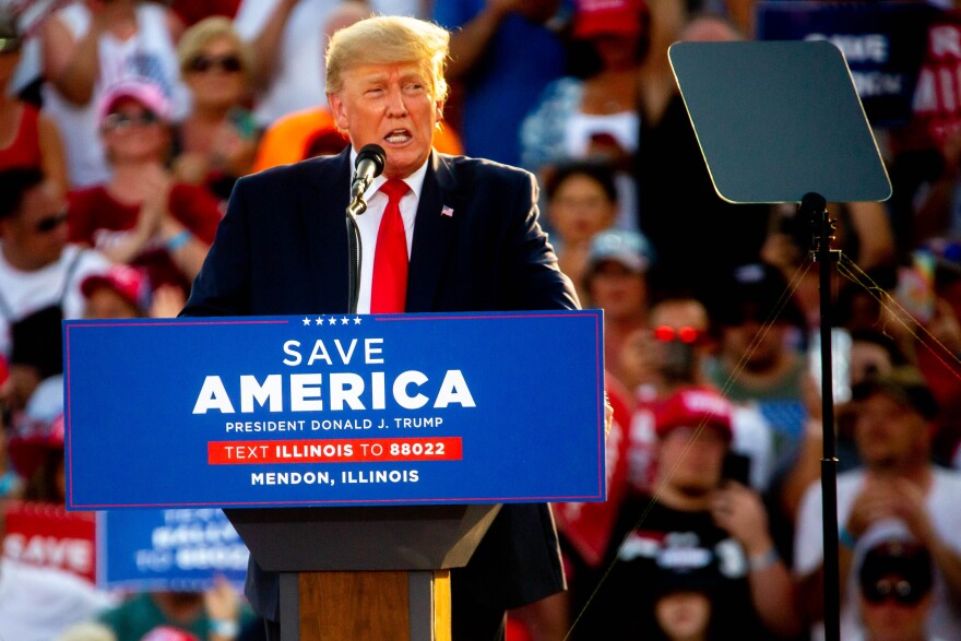 Former President Donald Trump speaks on Saturday, June 25, 2022, at a “Save America!” Rally at the Adams County Fairgrounds in Mendon, Ill.