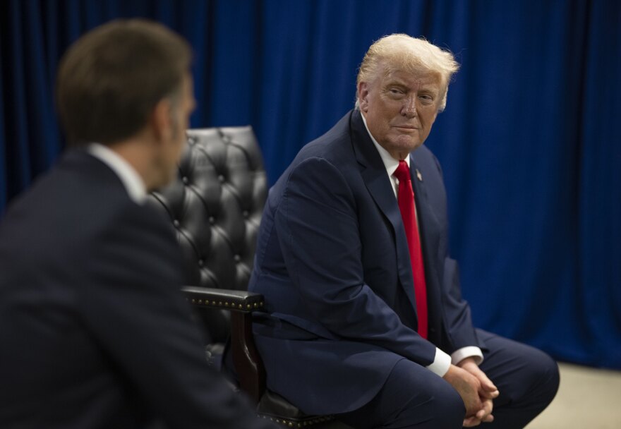 President Donald Trump meets with French President Emmanuel Macron at the United Nations Headquarters in New York City on Tuesday, Sept. 23, 2025.