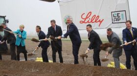 Former Gov. Eric Holcomb and other officials at the groundbreaking event for the Eli Lilly facility at the LEAP district in Boone County, 2023.