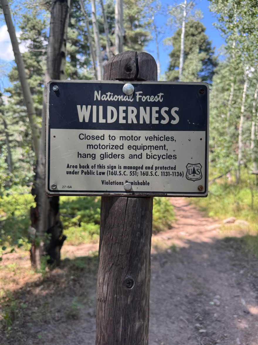 A sign near a forest trail that reads "National Forest Wilderness. Closed to motor vehicles, motorized equipment, hang gliders and bicycles. Area back of this sign is managed and protected under Public Law. Violations punishable."