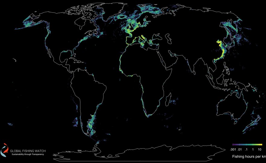 This map shows fishing by trawlers, which drag fishing nets behind them. They dominate fishing in coastal areas, such as fisheries near Europe and China.