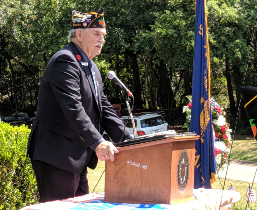 Post Commander Val Frailey speaking during the Memorial Day event at Tallahassee's Oakland Cemetery.