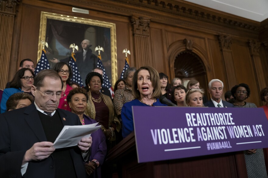 Speaker Nancy Pelosi, D-Calif., leads a 2019 press conference with fellow Democrats in support of the Violence Against Women Act.