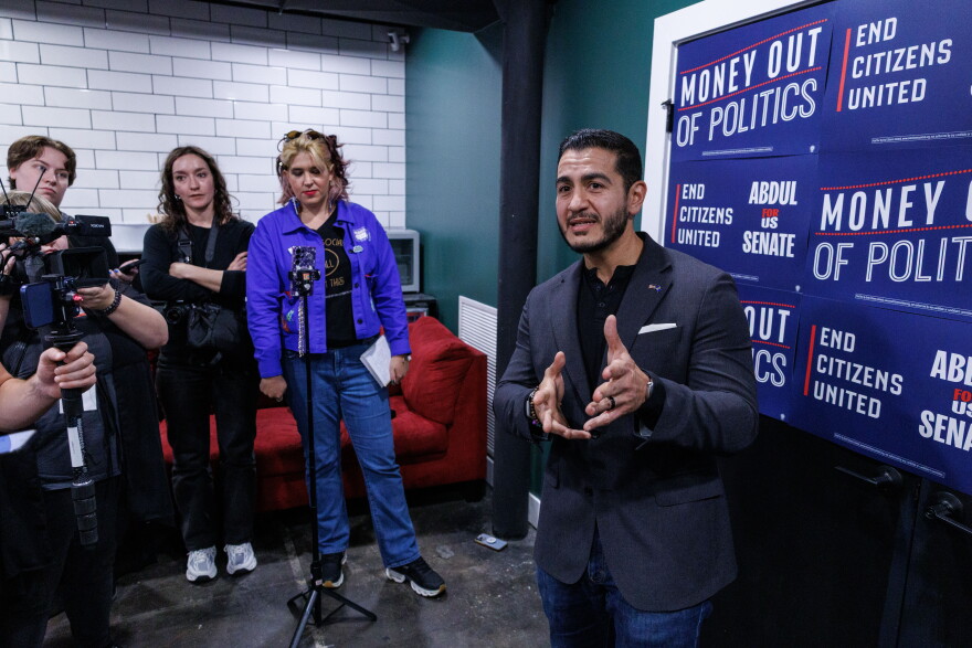 Democratic nominee for U.S. Senate Abdul El-Sayed speaks to reporters after a town hall in Lansing, Mich., hosted by the group End Citizens United on Oct. 9, 2026.