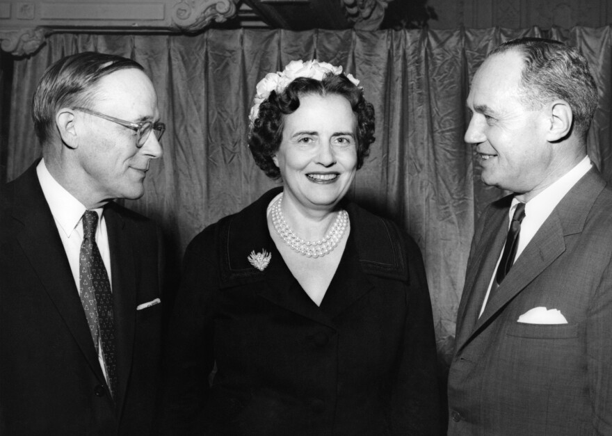 Left to right: American surgeon Dr Warren Henry Cole, American philanthropist and health advocate Mary Lasker, and former Governor of Wisconsin, Walter J. Kohler, Jr. at the annual meeting of the American Cancer Society at the Hotel Biltmore, New York City, October 24, 1959. During the week-long conference, Lasker became Honorary Chairman of the Board of Directors.