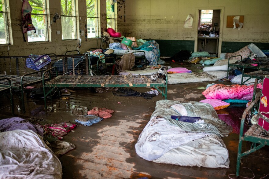 Items lie scattered inside a cabin at Camp Mystic after deadly flooding in Kerr County on July 5, 2025.
