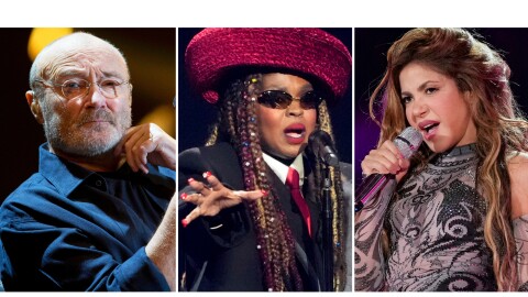 Phil Collins performs at Palacio de los Deportes in Mexico City on March 9, 2018, left, Lauryn Hill performs during the draw for the 2026 soccer World Cup in Washington on Dec. 5, 2025, center, and Shakira performs during the Global Citizen Festival in New York on Sept. 27, 2025. (AP Photo)