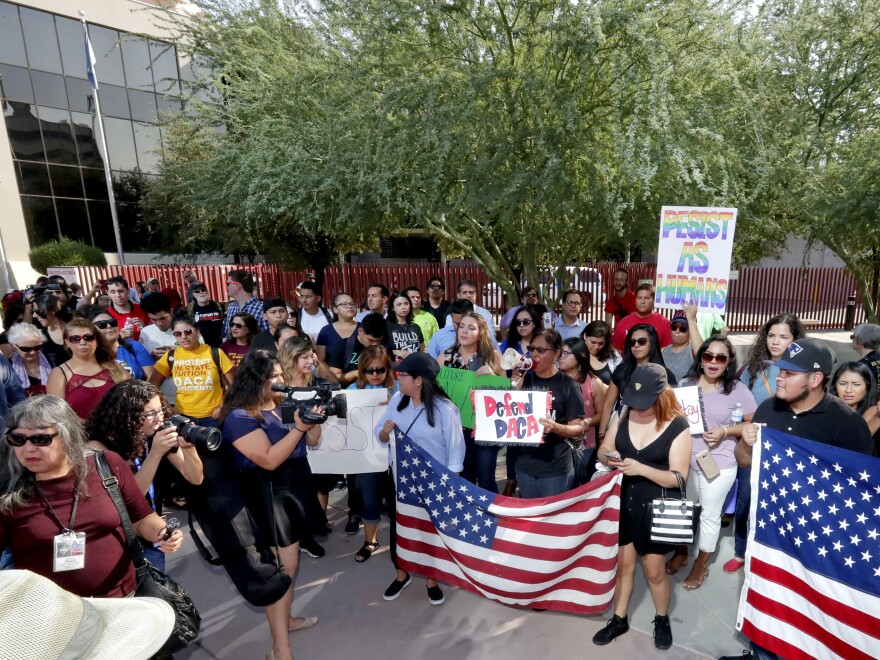 DACA supporters in Phoenix protest outside the Immigration and Customs Enforcement office shortly after the announcement that DACA would end in six months, barring action by Congress.