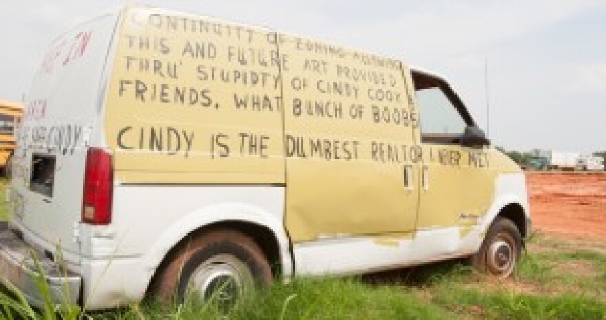 One of the signs posted by Bruce Knutson on his Oklahoma City property.