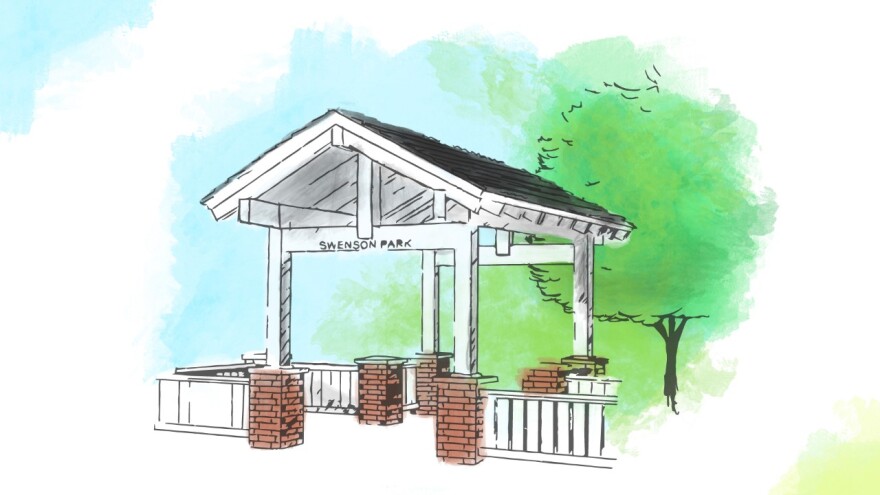 A drawing of a white gazebo structure for Swenson Park