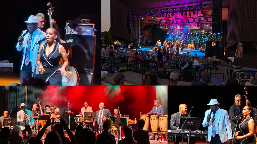 vollage of scenes from the Buena Vista Social Club performance at the Britt 2025 showing wide shot of the stage with all performers and mediums shots of signers, piano and bass