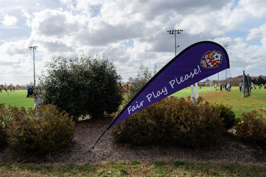 A "fair play please" banner at Maryland SoccerPlex in Boyds, Md. Referees for youth soccer are becoming more challenging to find due to abuse from players, fans and coaches.