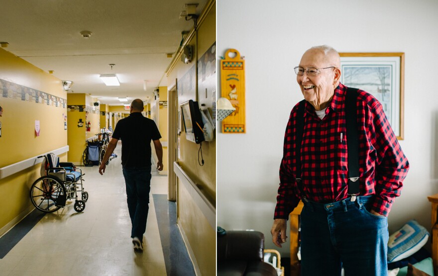 Left, Hurst performs his rounds at the Northcrest Living Center. Among his patients is Lyle Rodenburg, right.