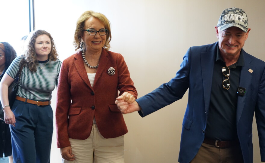 Possible 2028 Democratic presidential candidate Arizona U.S. Sen. Mark Kelly and his wife, Gabby Giffords, spoke with voters in Mauldin, S.C., on Friday, Oct. 2, 2026.