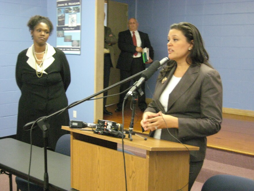 Austin ISD Superintendent Meria Carstarphen speaks to reporters with her CFO Nicole Conley-Abram in the background. The two will be answering questions about the budget tonight at Bowie High School.