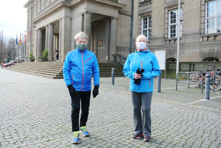 Native Berliners Jürgen Siegmund and Martina Pachaly on John-F.-Kennedy-Platz (John F. Kennedy Square) outside Rathaus Schöneberg, the building where U.S. President John F. Kennedy delivered his "Ich bin ein Berliner" speech in 1963 and where, in 1950, U.S. Gen. Lucius Clay oversaw the installation of the Freedom Bell.