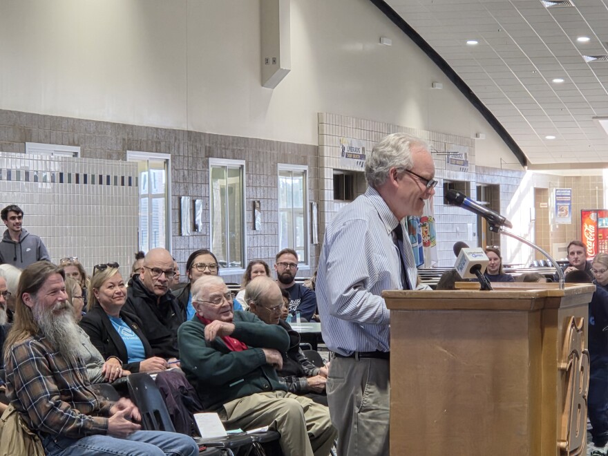 Local realtor and Bemidji City Council member Mark Dickinson addresses the Bemidji School Board on March 24, 2026.