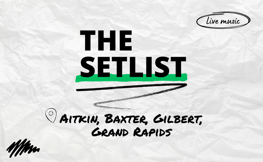 "The Setlist" and "Aitkin, Baxter, Gilbert, Grand Rapids" written over a crumpled paper background.