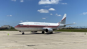 A cargo airplane is seen parked at the Central Illinois Regional Airport. 