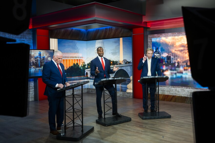 Republican candidates for Michigan governor (left to right) Mike Cox, John James, and Perry Johnson debate at the WJBK studios in Southfield on Wednesday, July 8, 2026.