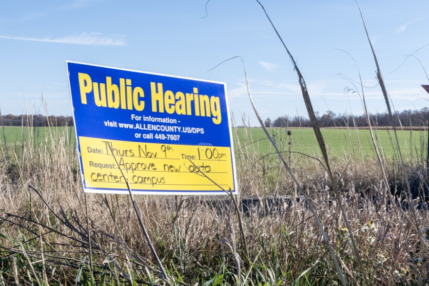 A public notice occupies the corner of a property at Adams Center and Paulding roads. The property will be home to "Project Zodiac", the subject of an annexation proposal by the City of Fort Wayne to allow the location of a Fortune 100 data center on the property.