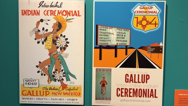 Posters included in exhibit "Route 66 is Indian Country" promoting the Gallup Inter-Tribal Indian Ceremonial every August in Gallup.