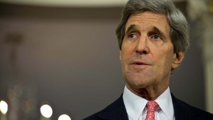 U.S. Secretary of State John Kerry speaks to the press prior to talks with Japanese Foreign Minister Fumio Kishida at the State Department in Washington on Friday.