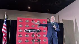Democratic gubernatorial candidate David Jolly speaking at the Tampa Tiger Bay Club in Ybor City’s Cuban Club on Sept. 25, 2026.