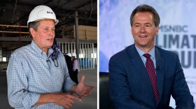 Left: Incumbent Republican Sen. Steve Daines speaks at a manufacturing facility under construction in Bozeman, Mont., in September. Right: Montana Senate candidate Gov. Steve Bullock in 2019.
