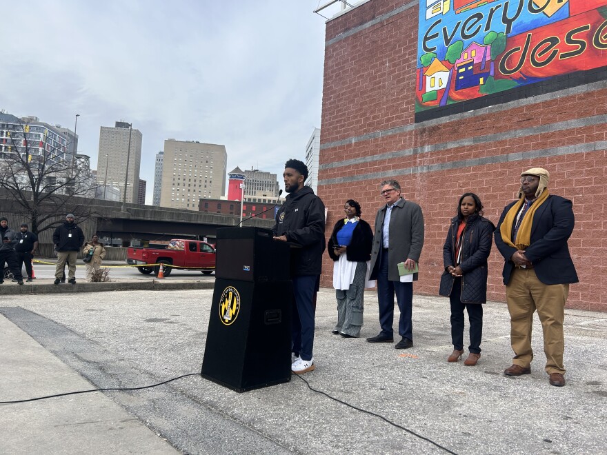 Mayor Brandon Scott speaks outside Healthcare for the Homeless, one of the Opioid Restitution Fund grantees, in Baltimore on Thursday, February 26, 2026.