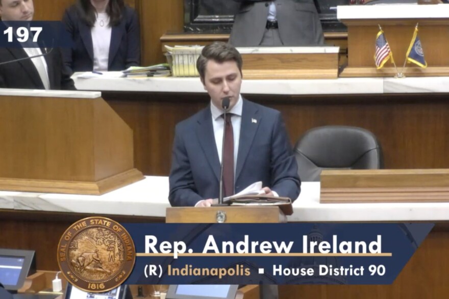 Andrew Ireland (R-Indianapolis), the sponsor of Senate Bill 197, spoke on the House floor in favor of language in the bill that would make it a Class C misdemeanor for someone to sleep on public property. The bill is authored by Sen. Aaron Freeman and Sen. Blake Doriot.