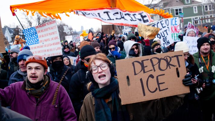 Celeste chants, "No hate, no fear, immigrants are welcome here," alongside thousands of people as they march from Powderhorn Park to the site where an ICE agent shot and killed Renee Good, protesting the killing and also the drastic surge in ICE agents deployed to the state in recent weeks Saturday, Jan. 10, 2026.