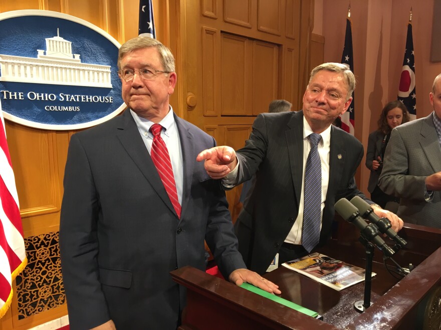 Rep. Bob Cupp (R-Lima, left) and Rep. John Patterson (D-Jefferson) talked about their new school funding formula on Monday.