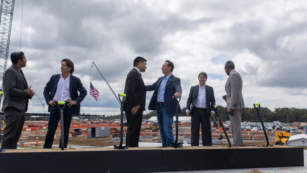 Gov. Jeff Landry talks with Hut 8 CEO Asher Genoot at the groundbreaking of the company’s West Bend data center in West Feliciana Parish, Louisiana, on Monday, October 5, 2026.