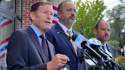 (L-R) U.S. Sen. Richard Blumenthal, Danbury Mayor Roberto Alves, and Danbury state Rep. Farley Santos held a press conference outside Danbury City Hall regarding recent federal immigration enforcement in the city on August 31, 2026.