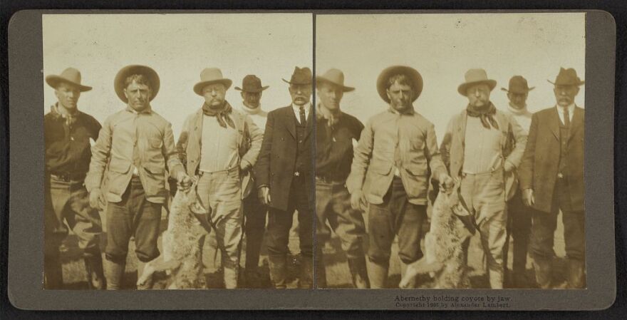 A vintage photo of men standing with a dead coyote
